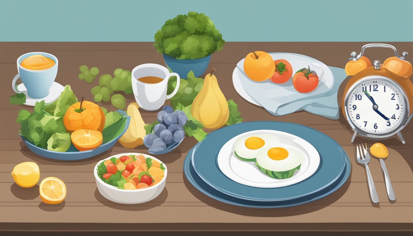 A table with a plate of healthy food on one side and a clock showing alternating days, with a bed on the other side symbolizing sleep quality