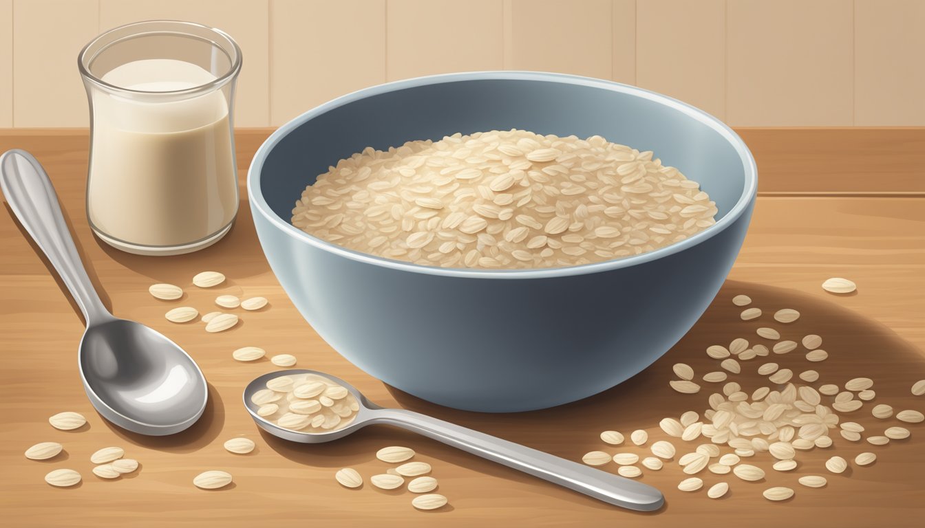 A bowl of Quaker Old Fashioned Oats surrounded by a spoon, milk, and a measuring cup on a kitchen counter