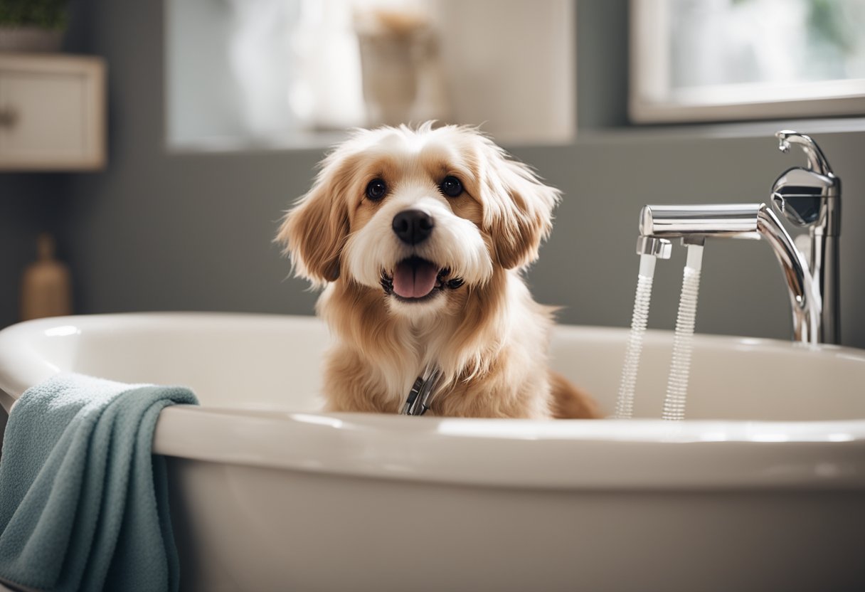 Um banheiro aconchegante em casa com uma banheira cheia de água, shampoo para pets e uma toalha macia. Uma mesa de tosa com ferramentas de tosa e um pet feliz esperando por um banho e sessão de tosa.