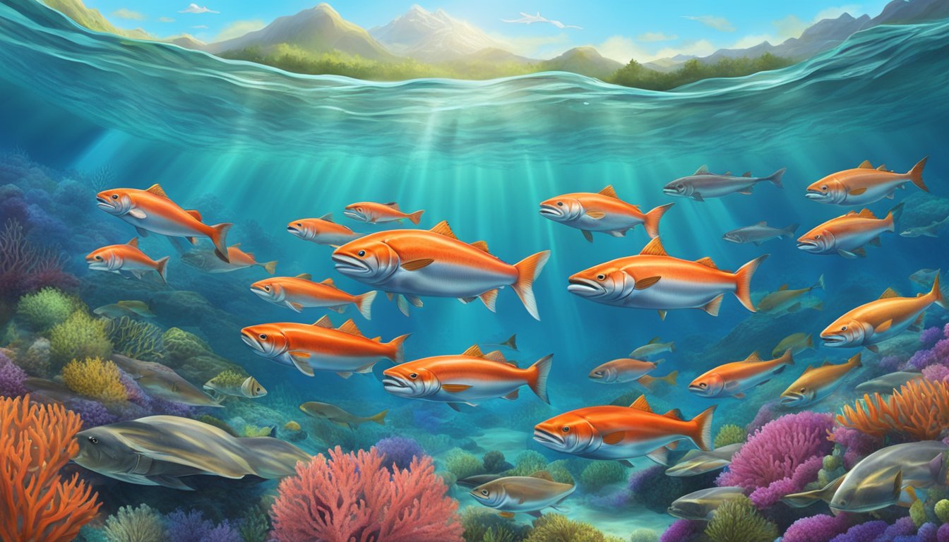 A school of wild sockeye salmon swimming freely in a clear, pristine ocean, surrounded by vibrant coral reefs and diverse marine life