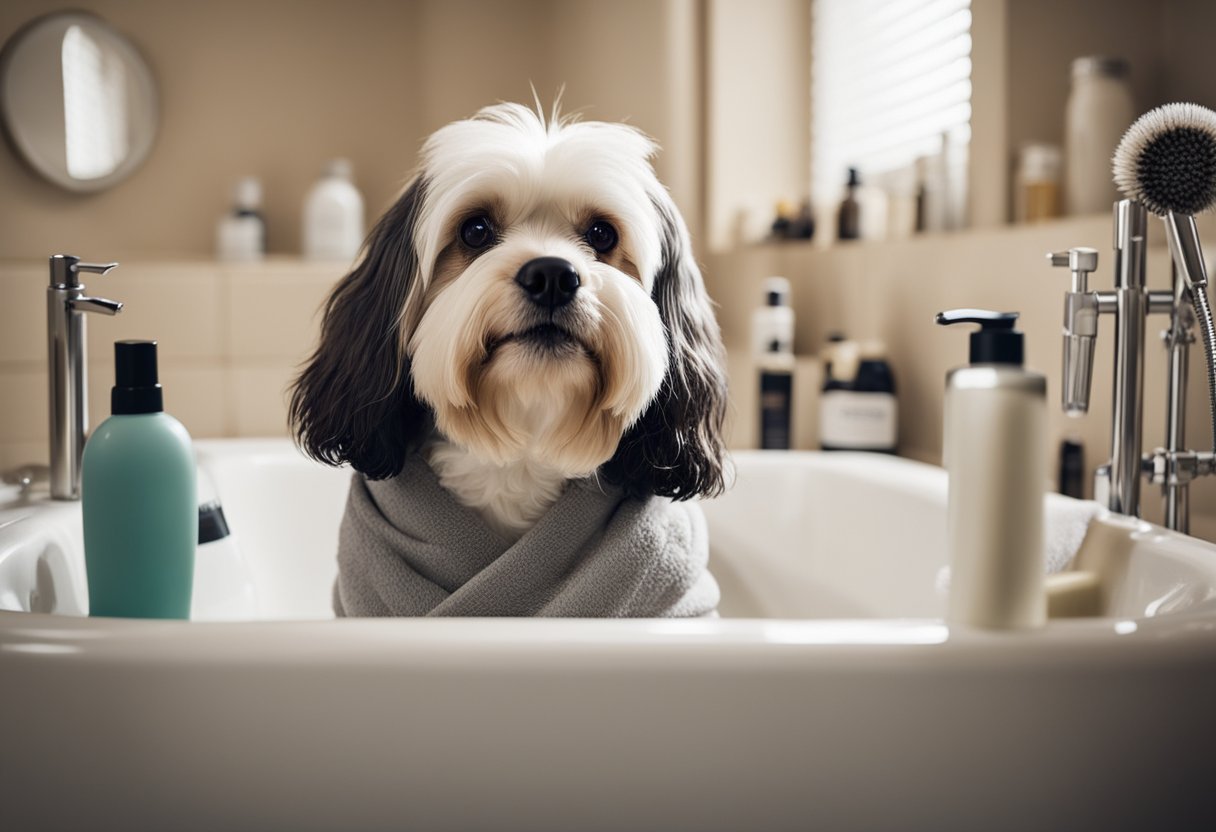 Um cachorro sentado pacientemente em uma banheira, cercado por frascos de xampu, toalhas e ferramentas de higiene, enquanto seu dono se prepara para dar um banho e fazer a higiene em casa.