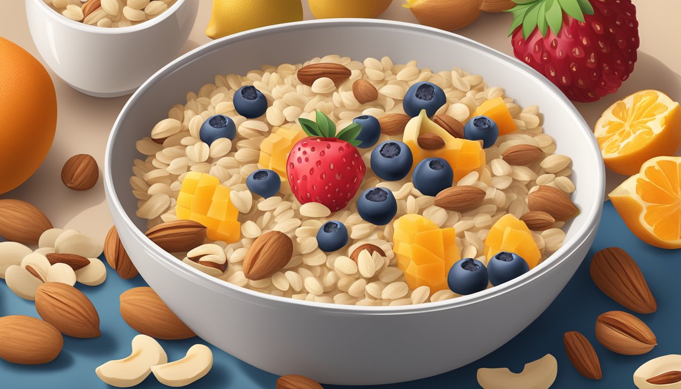 A bowl of Quaker Old Fashioned Oats surrounded by a variety of colorful fruits and nuts, with a spoon resting on the side