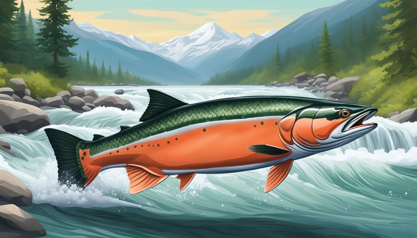 A wild sockeye salmon leaping out of a pristine, rushing river surrounded by lush green forest and snow-capped mountains