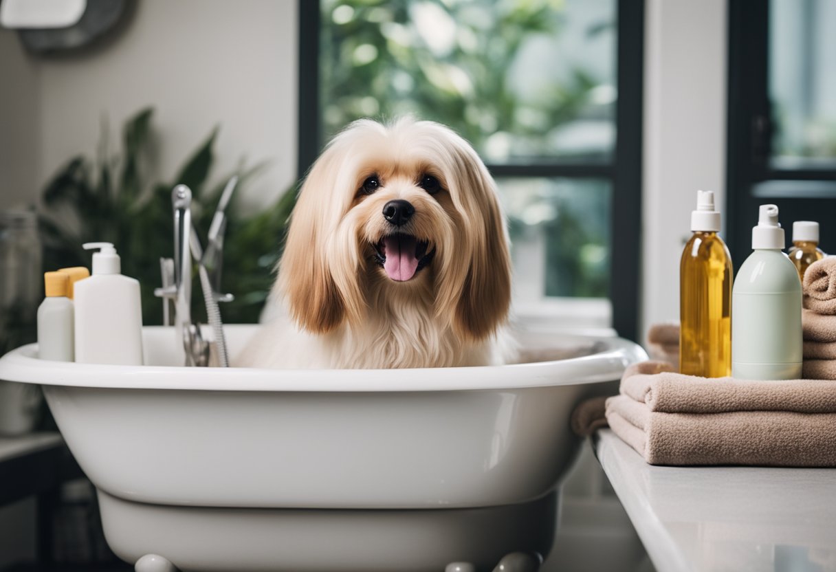 Um cachorro peludo está sentado em uma banheira, cercado por frascos de shampoo para pets e toalhas. Um par de tesouras de tosa e um pente estão sobre a bancada próxima.