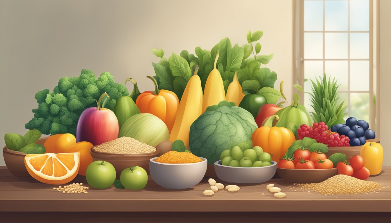 A table set with a colorful array of fruits, vegetables, and whole grains. A serene atmosphere with soft lighting and a sense of mindfulness in the air