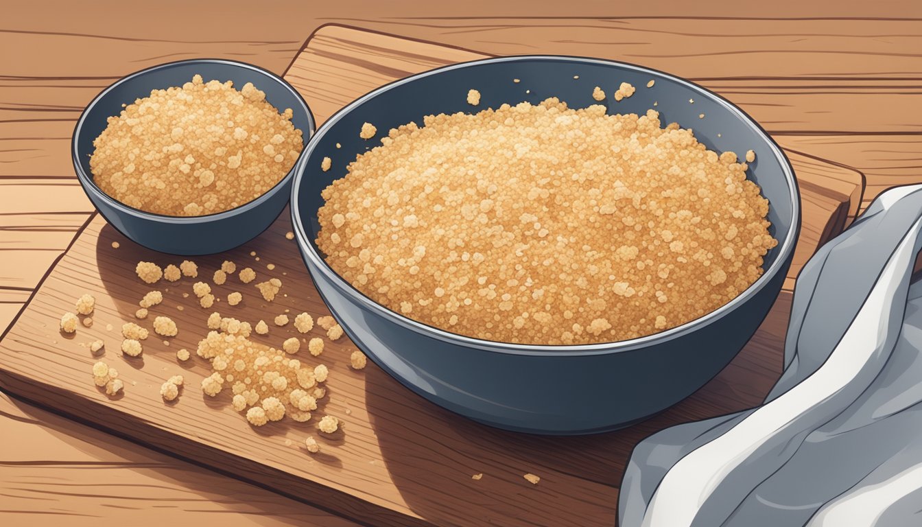 A close-up of a bowl filled with Roland Panko Bread Crumbs, with a few crumbs scattered around on a wooden cutting board