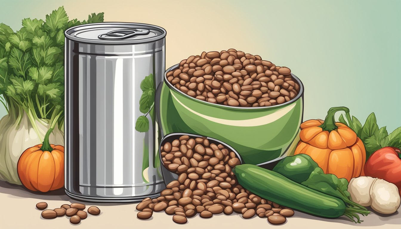 A bowl of organic pinto beans spilling out of a can, surrounded by fresh vegetables and herbs