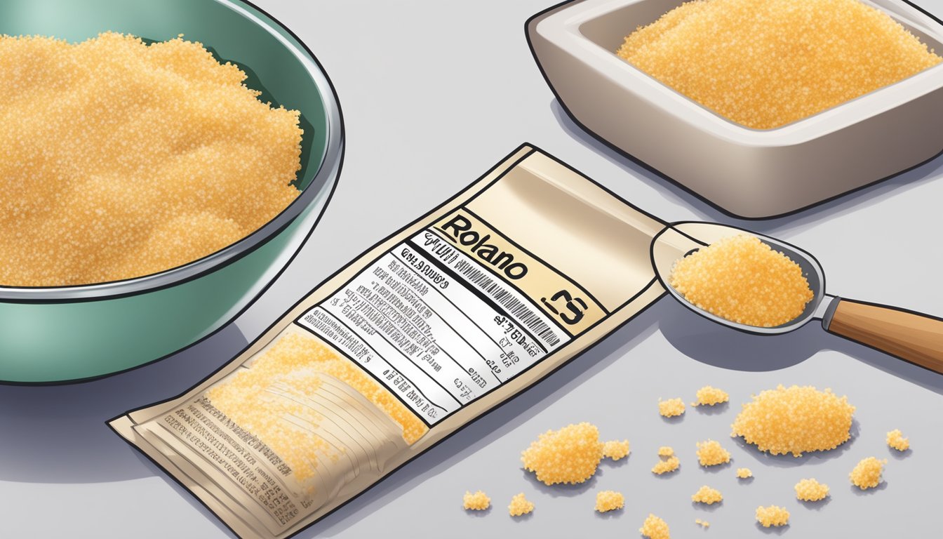 A bowl of Roland panko bread crumbs with a measuring spoon pouring them onto a nutritional information label