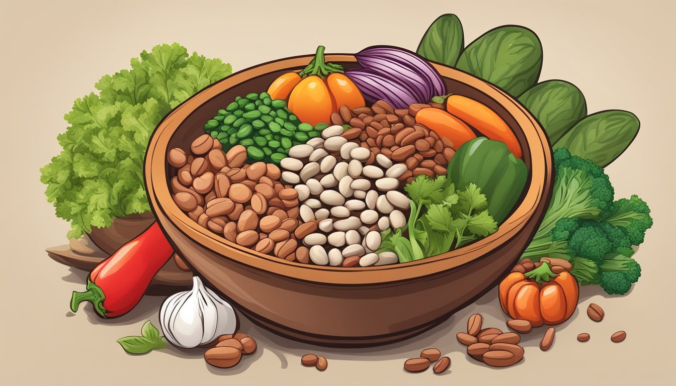 A colorful bowl filled with organic pinto beans surrounded by fresh vegetables and a variety of spices