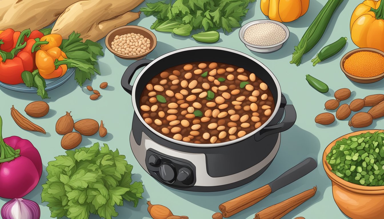 A pot of organic pinto beans simmering on a stovetop, surrounded by colorful vegetables and spices