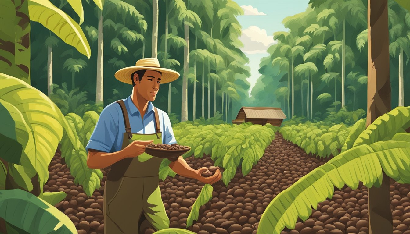 A farmer in a lush, tropical cacao plantation, harvesting ripe pods under the shade of towering trees