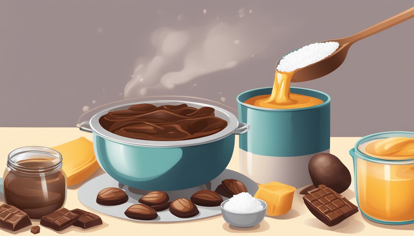 A table with cocoa beans, sugar, and cocoa butter. A pot melting the ingredients. A mold being filled with the melted chocolate