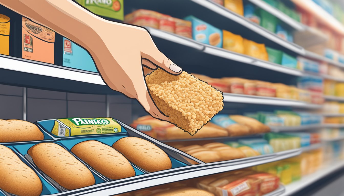 A hand reaching for a box of Roland Panko bread crumbs on a grocery store shelf