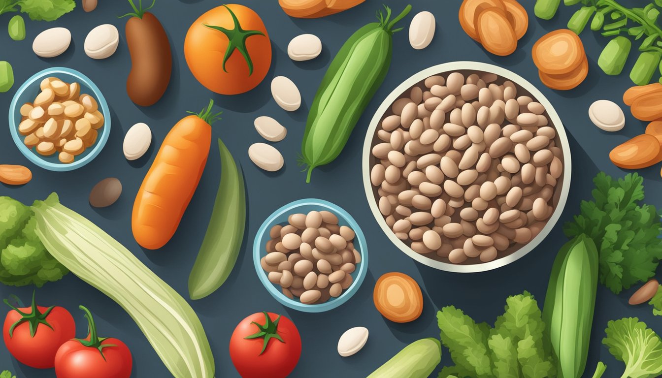 A colorful array of organic pinto beans surrounded by fresh vegetables and a variety of dietary supplements