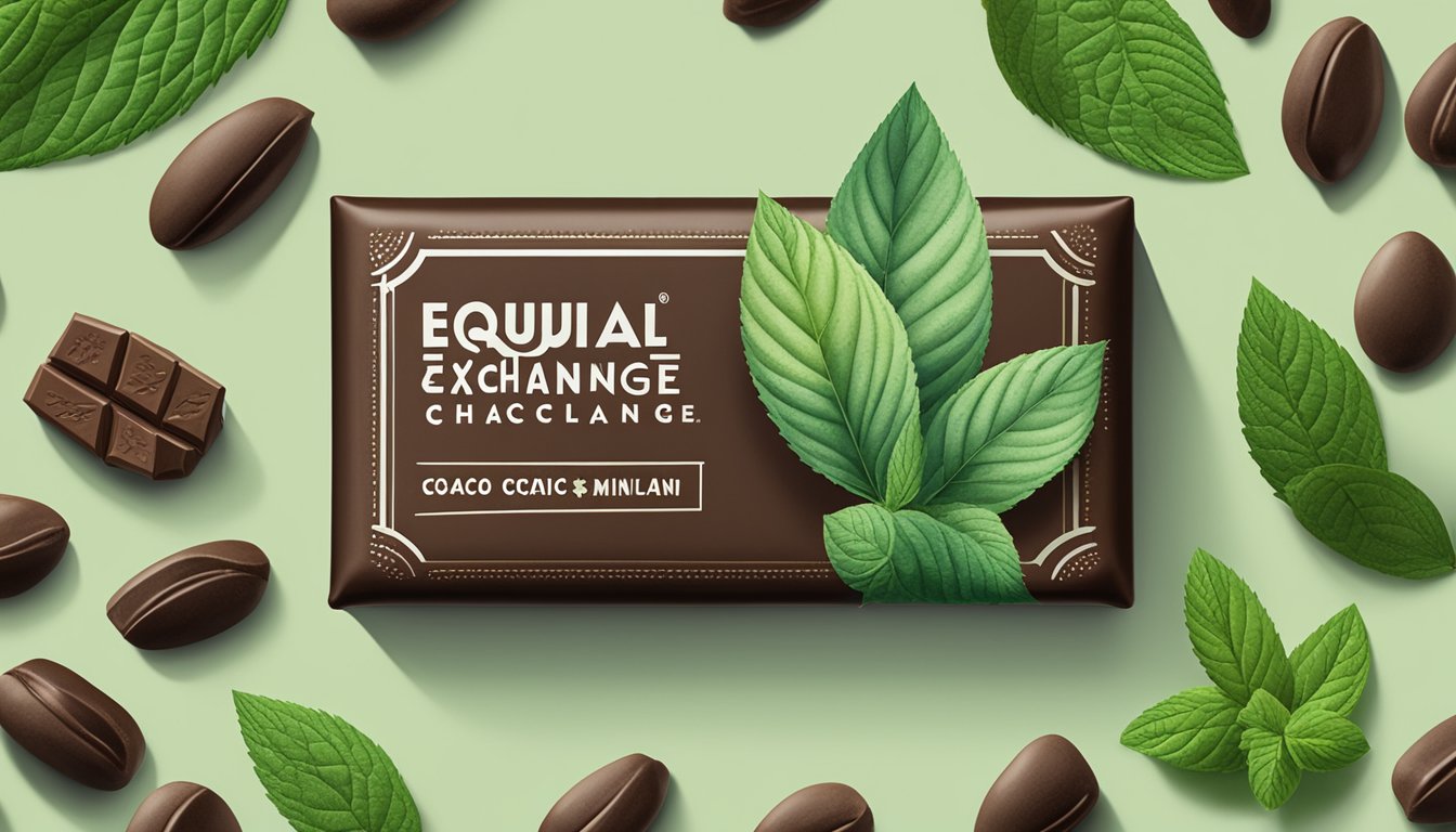 A close-up of a bar of Equal Exchange organic dark chocolate surrounded by cacao beans and a sprig of mint