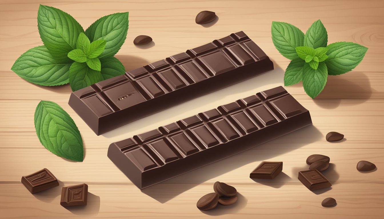 A bar of Equal Exchange organic dark chocolate surrounded by cacao beans and a sprig of mint on a wooden table