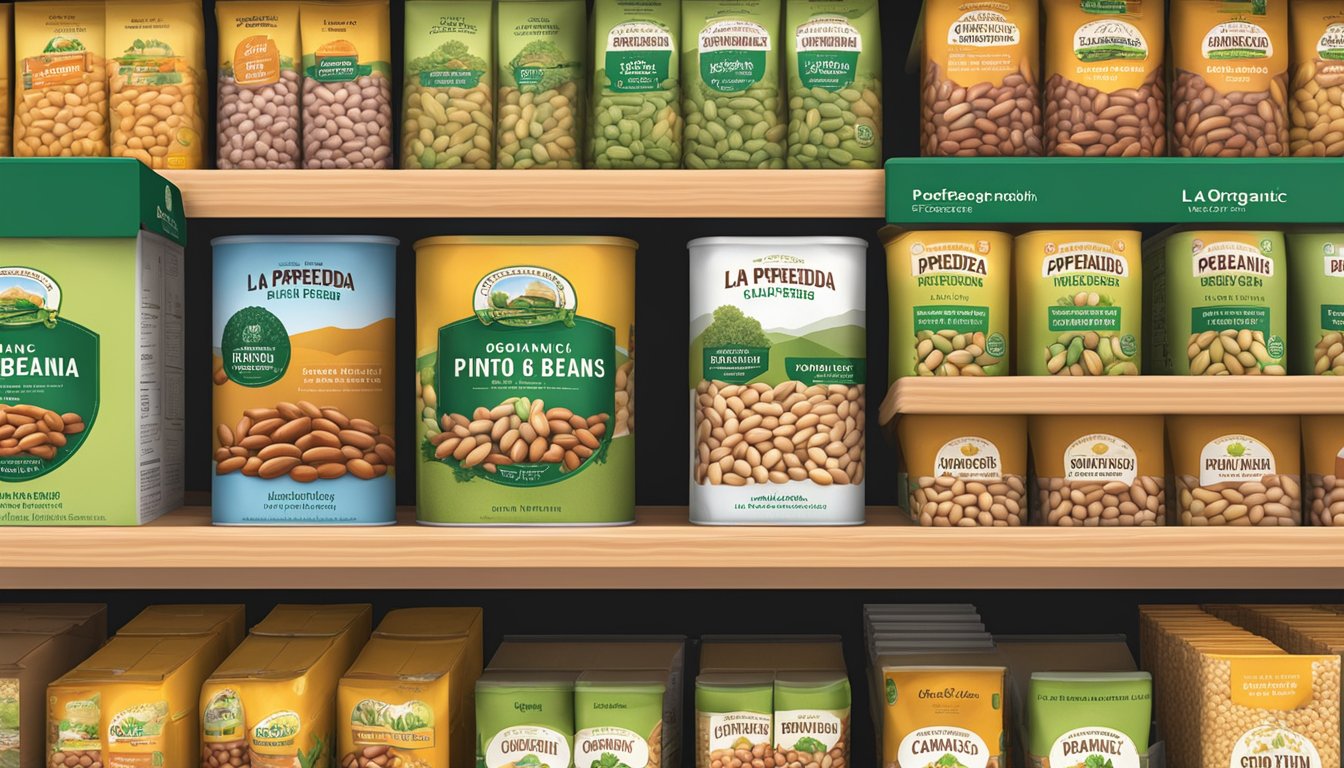 A colorful display of La Preferida organic pinto beans in various packaging sizes on a grocery store shelf