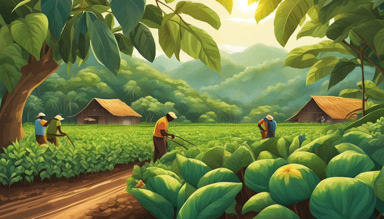 A lush cocoa farm with workers harvesting pods, surrounded by diverse plant life and wildlife, under a bright sun