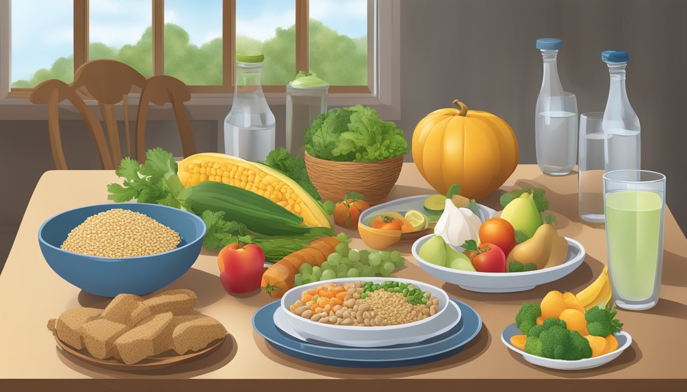 A table set with a balanced meal of fruits, vegetables, lean proteins, and whole grains, with a glass of water, depicting a feast day on an alternate day fasting (ADF) schedule