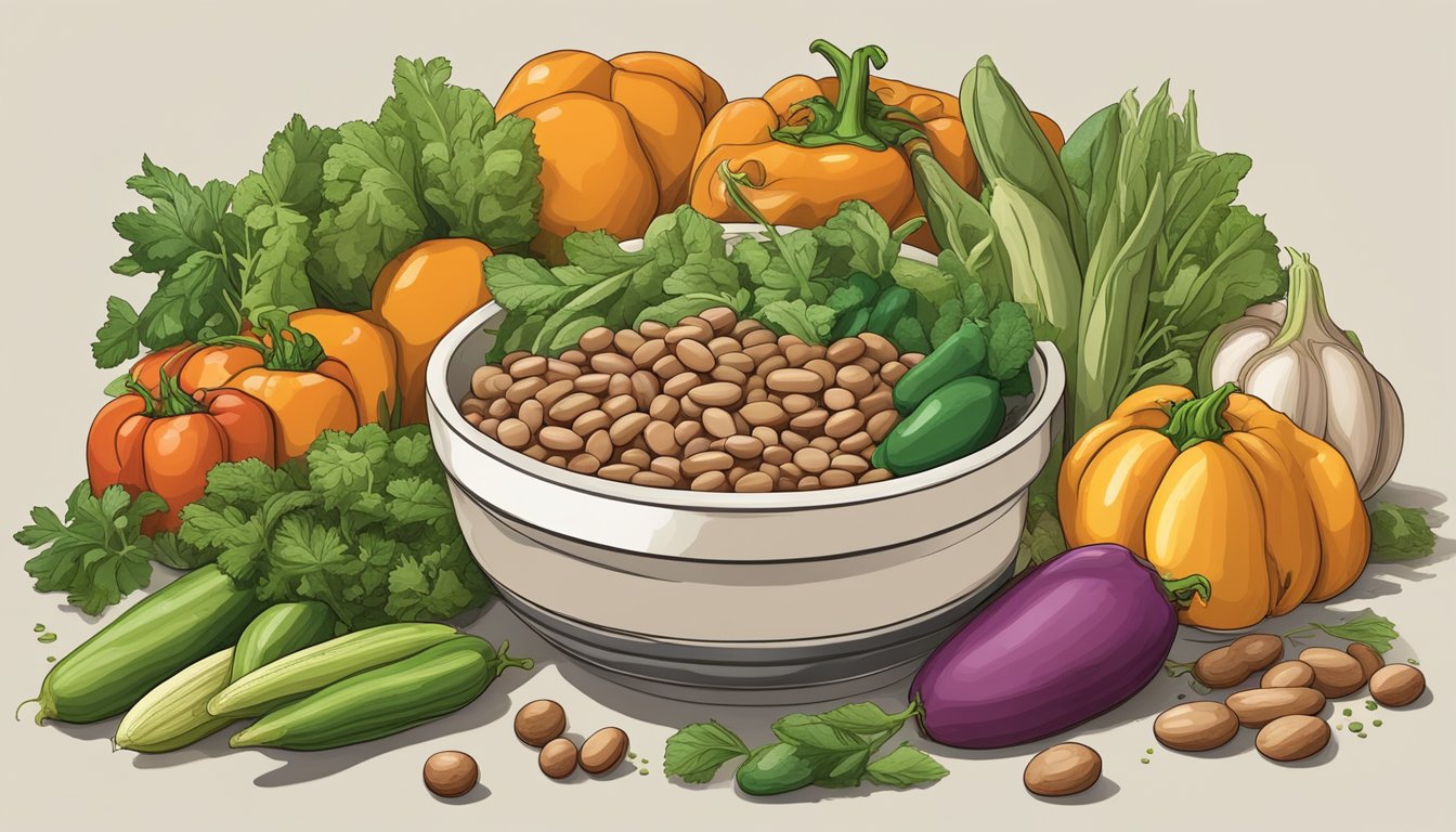 A colorful array of fresh vegetables and herbs arranged around a can of La Preferida organic pinto beans, with a serving suggestion of a steaming bowl of bean soup