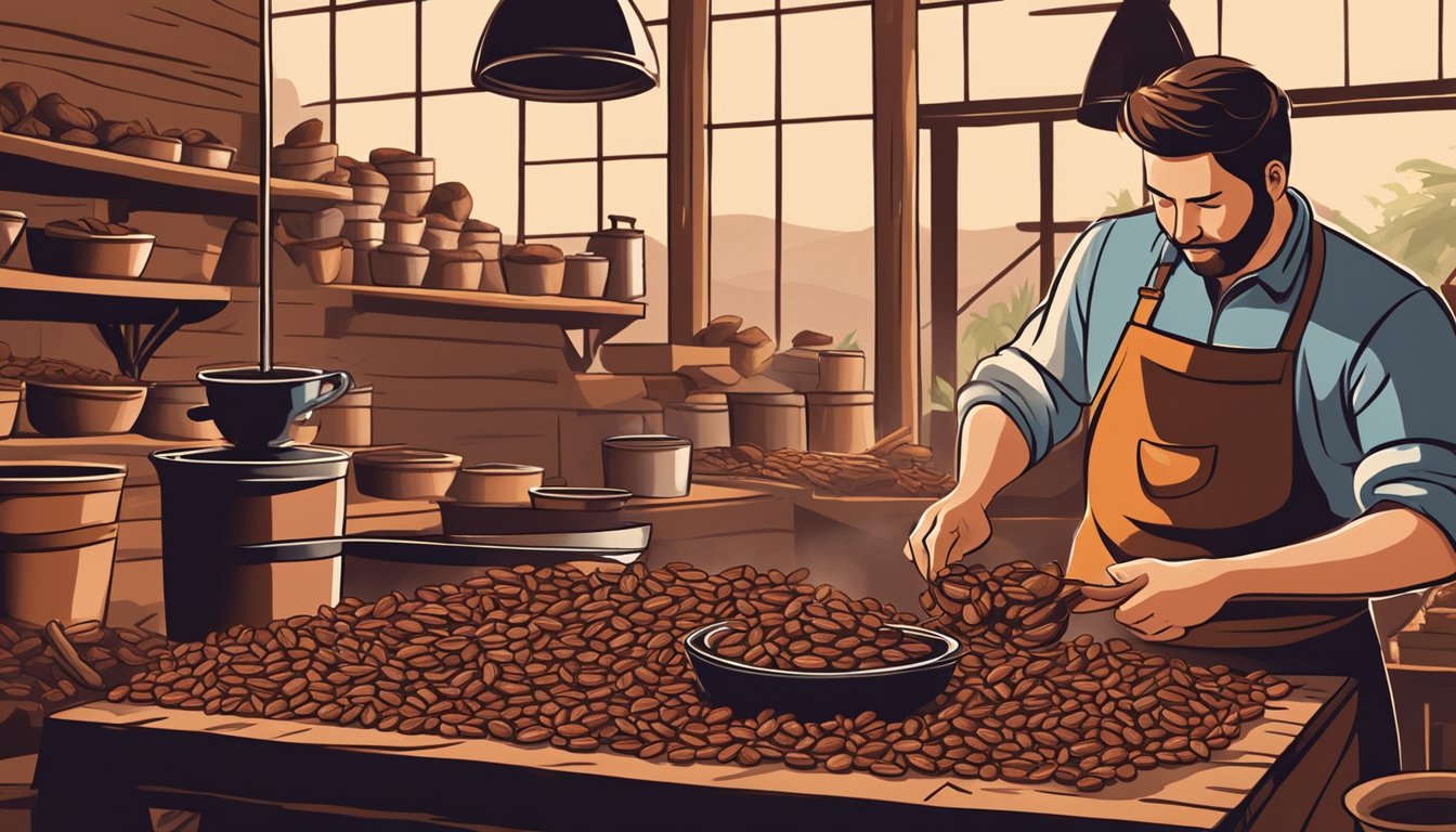 A worker carefully roasts cacao beans over an open flame, while others grind and mix ingredients in a rustic, sunlit workshop