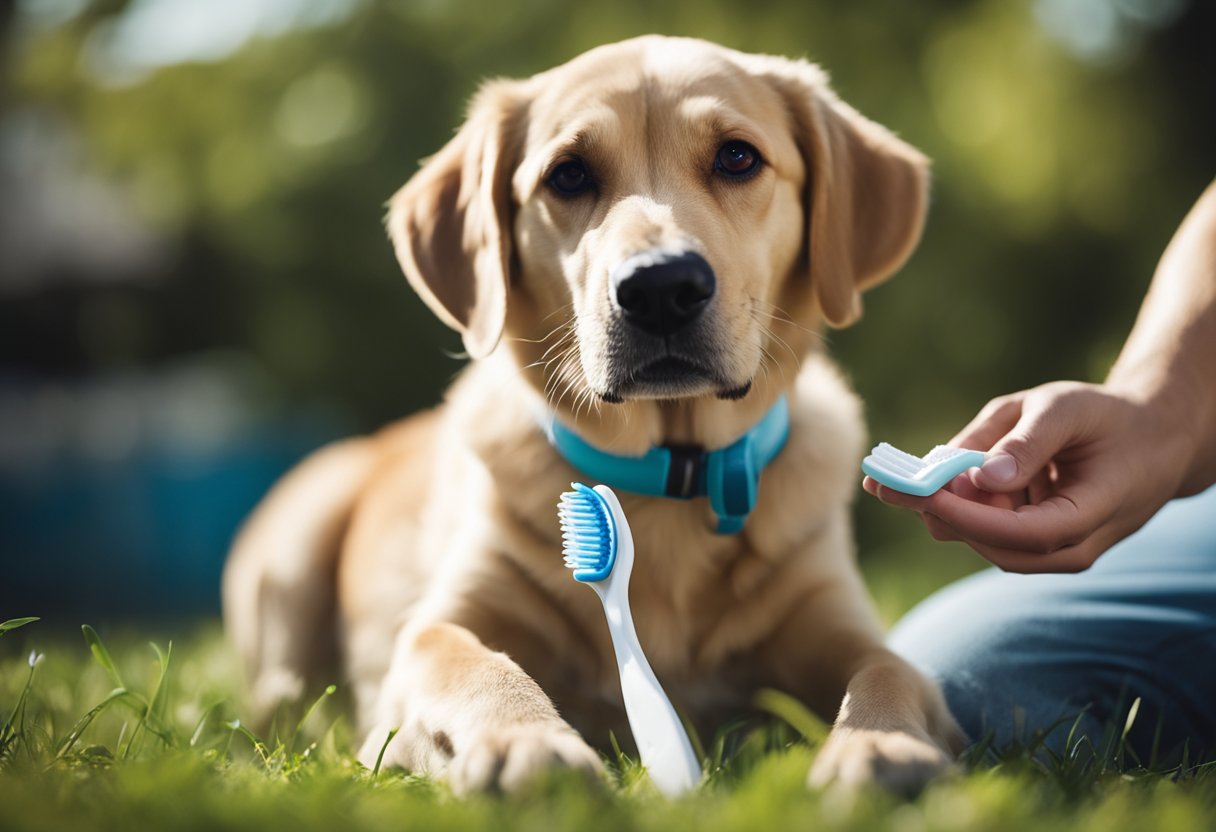 Um cachorro sentado calmamente enquanto seu dono escova gentilmente seus dentes com uma escova de dentes e pasta de dente especialmente projetadas para cães.