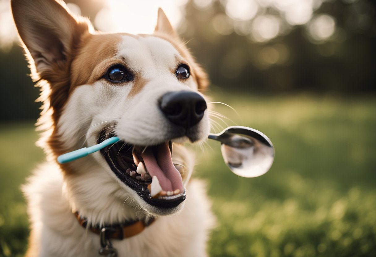 Um cachorro feliz com a boca aberta, aproveitando ter seus dentes escovados por uma escova de dentes