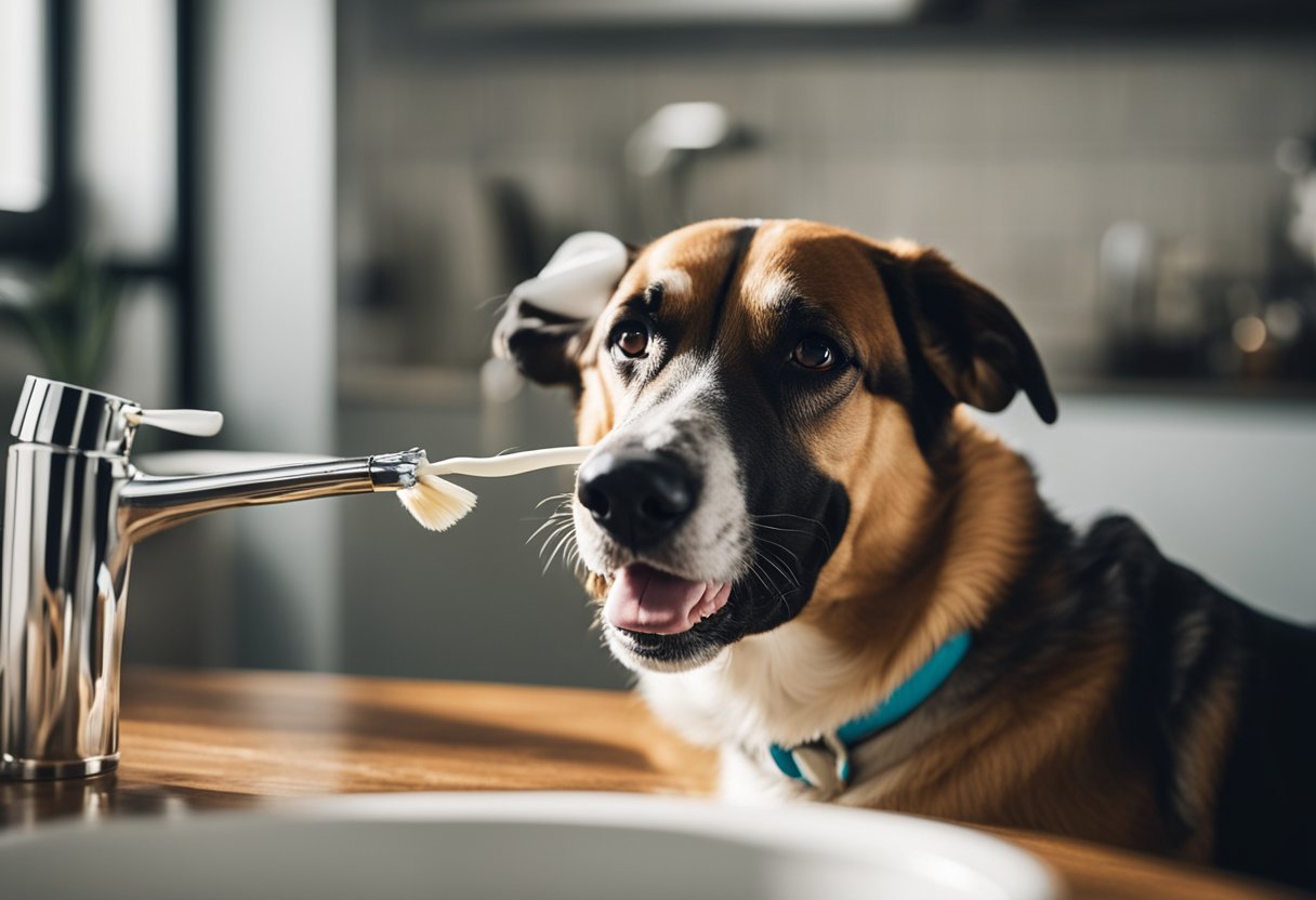 Um cachorro sentado calmamente enquanto seu dono escova gentilmente seus dentes com uma escova de dentes e pasta de dente adequada para cães, ambos focados na tarefa em questão.