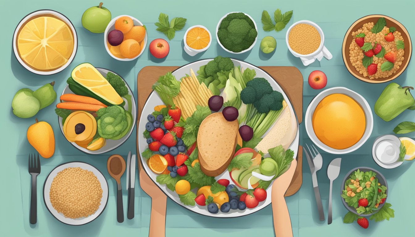 A person preparing a balanced meal with fruits, vegetables, lean proteins, and whole grains on a festive table, surrounded by exercise equipment