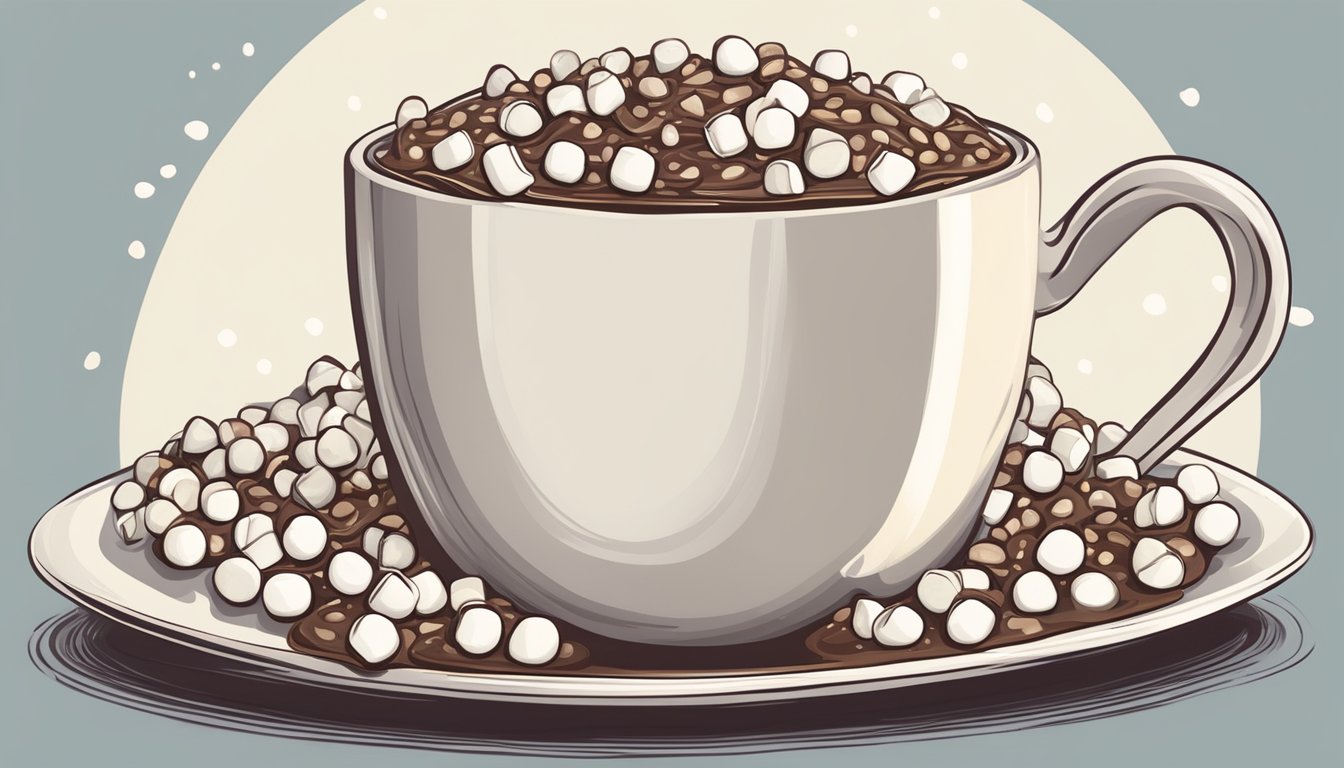 A steaming mug of hot chocolate topped with a generous pile of jet puffed miniature marshmallows