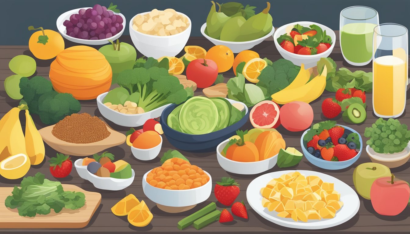 A table filled with a variety of colorful and nutritious foods, including fruits, vegetables, lean proteins, and whole grains. A balanced meal plan is laid out, with portion sizes carefully measured out for optimal health