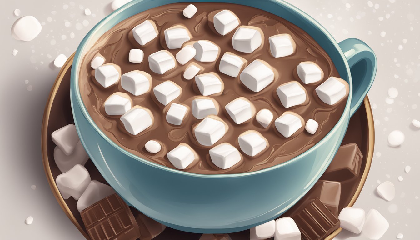 A bowl of hot cocoa with marshmallows melting on top