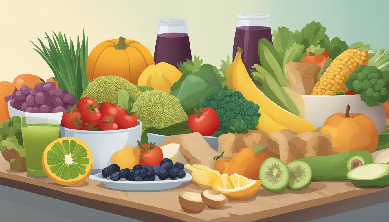 A table filled with a variety of nutrient-rich foods, including fruits, vegetables, lean proteins, and whole grains. A calendar with alternating feast and fast days in the background