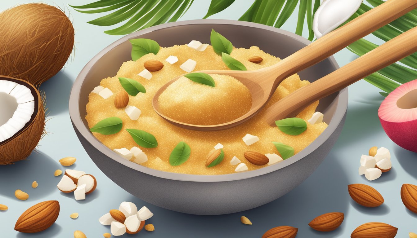 A wooden spoon sprinkling coconut palm sugar into a mixing bowl surrounded by fresh ingredients like fruits and nuts