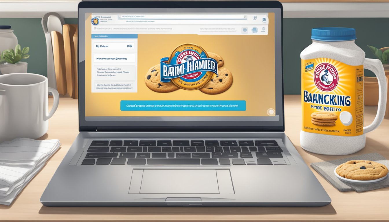 A kitchen counter with a box of Arm & Hammer baking soda next to a laptop displaying a website's cookie policy