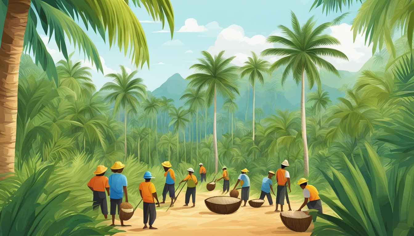 A lush coconut palm grove with workers harvesting sugar sustainably and ethically