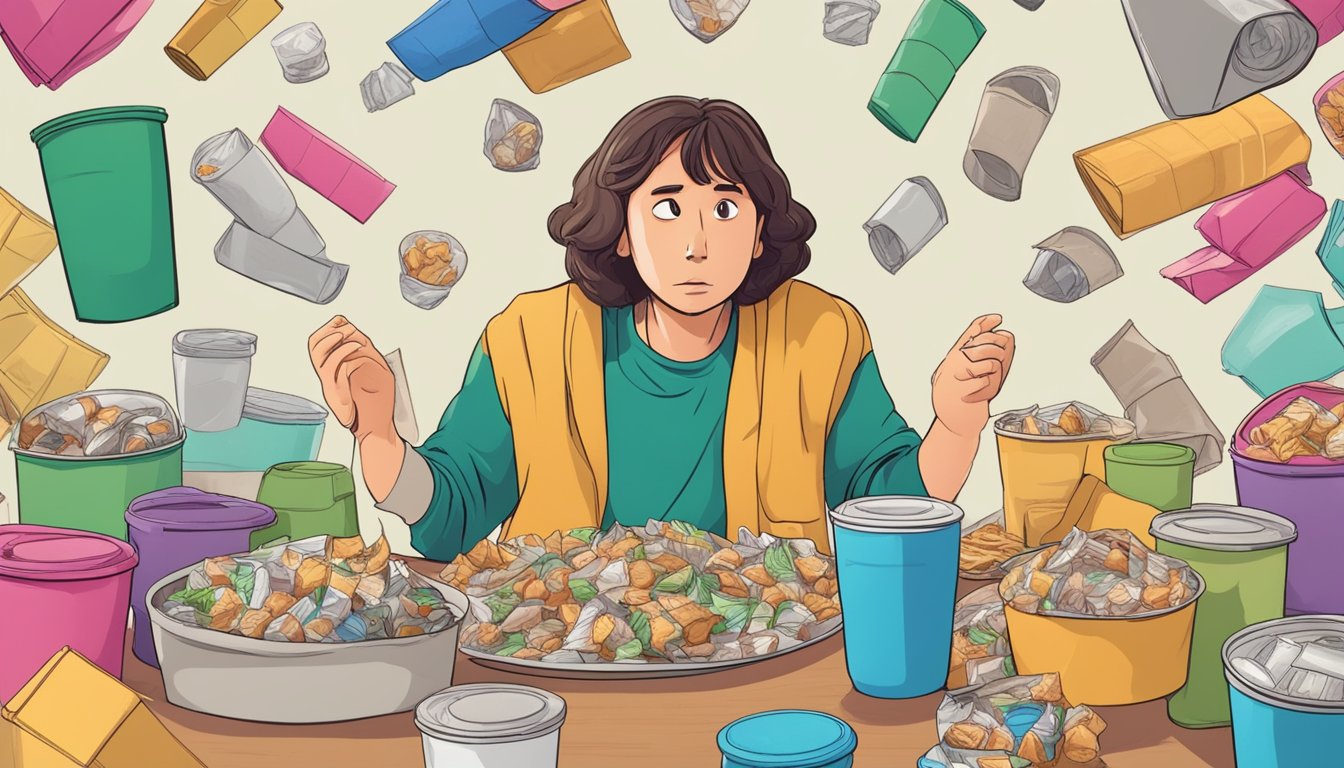 A person sitting at a table, surrounded by empty food wrappers and containers, with a conflicted expression on their face as they reach for more food