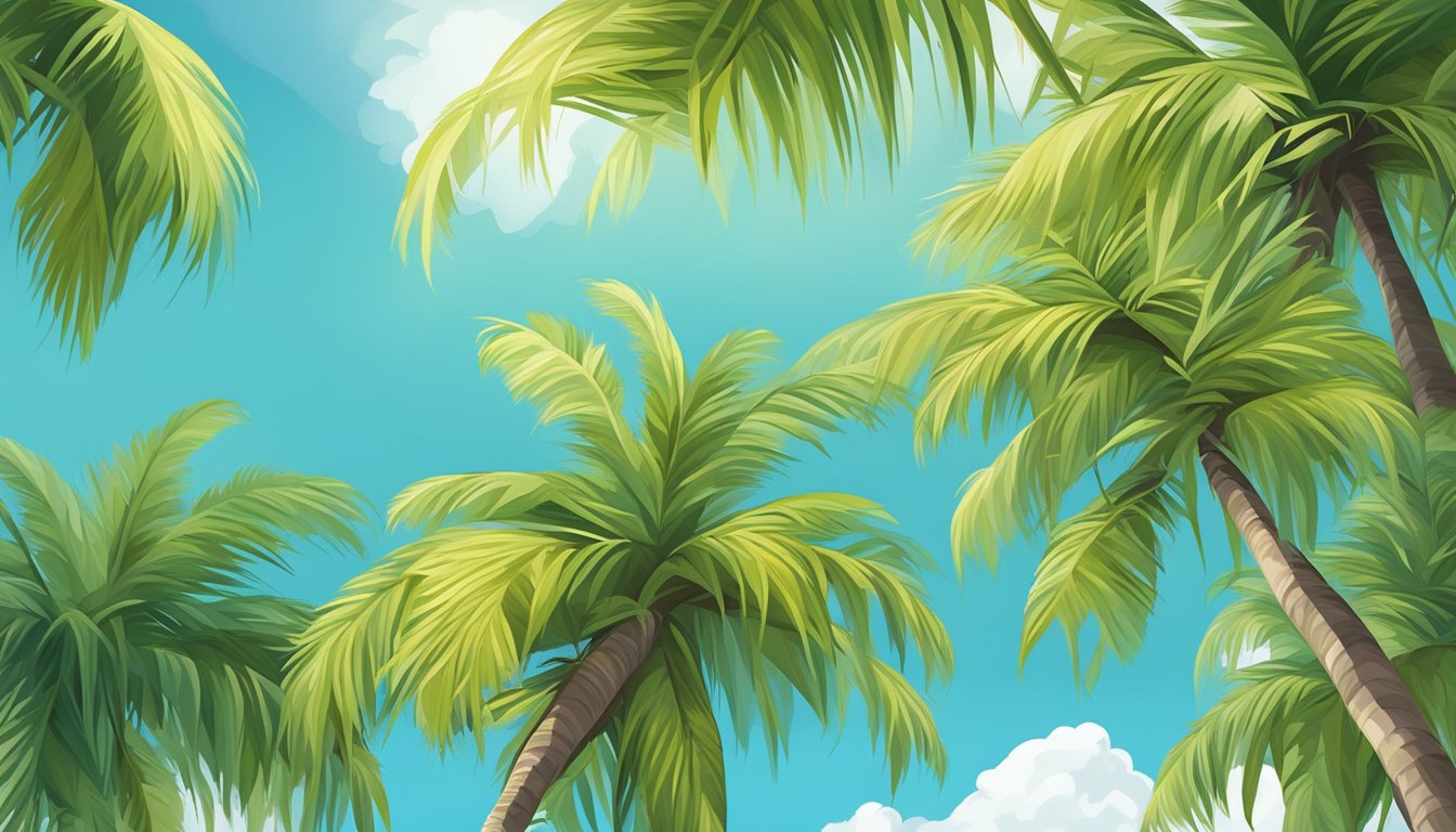 A coconut palm tree with ripe coconuts hanging from its branches, surrounded by lush green foliage and clear blue skies