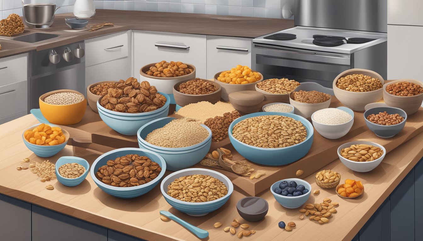 A kitchen counter filled with a variety of granola bars, surrounded by bowls of oats, nuts, and dried fruits