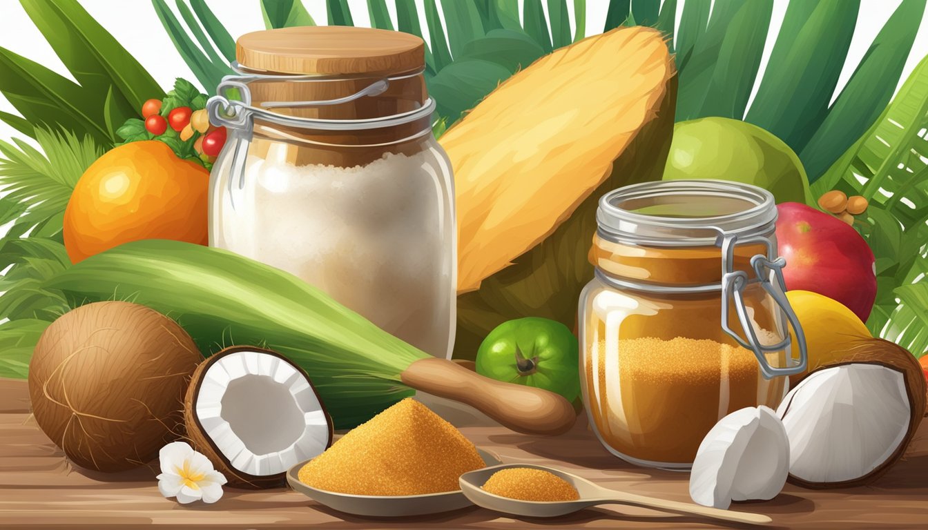 A wooden spoon scoops organic coconut palm sugar into a glass jar, surrounded by fresh fruits and vegetables