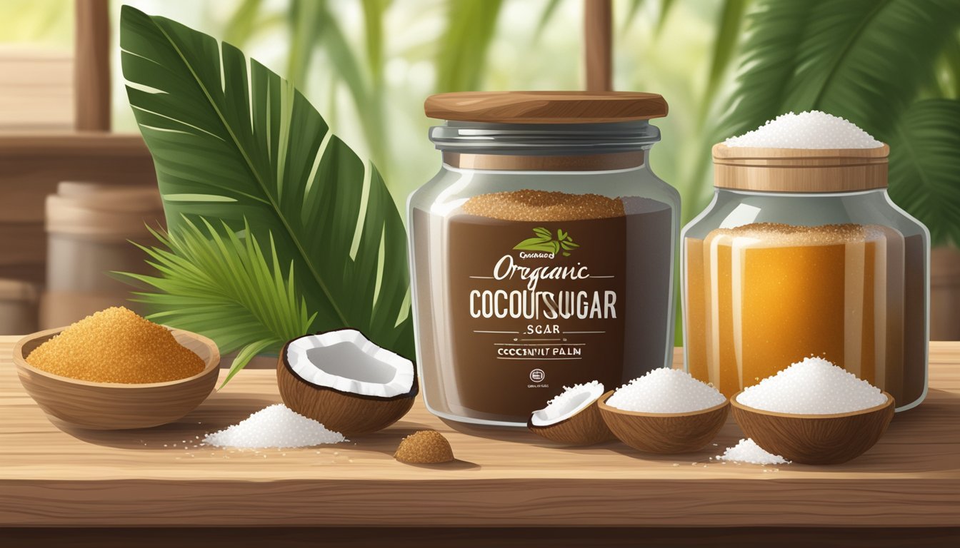 A glass jar filled with organic coconut palm sugar sits on a wooden shelf, surrounded by other natural sweeteners and ingredients