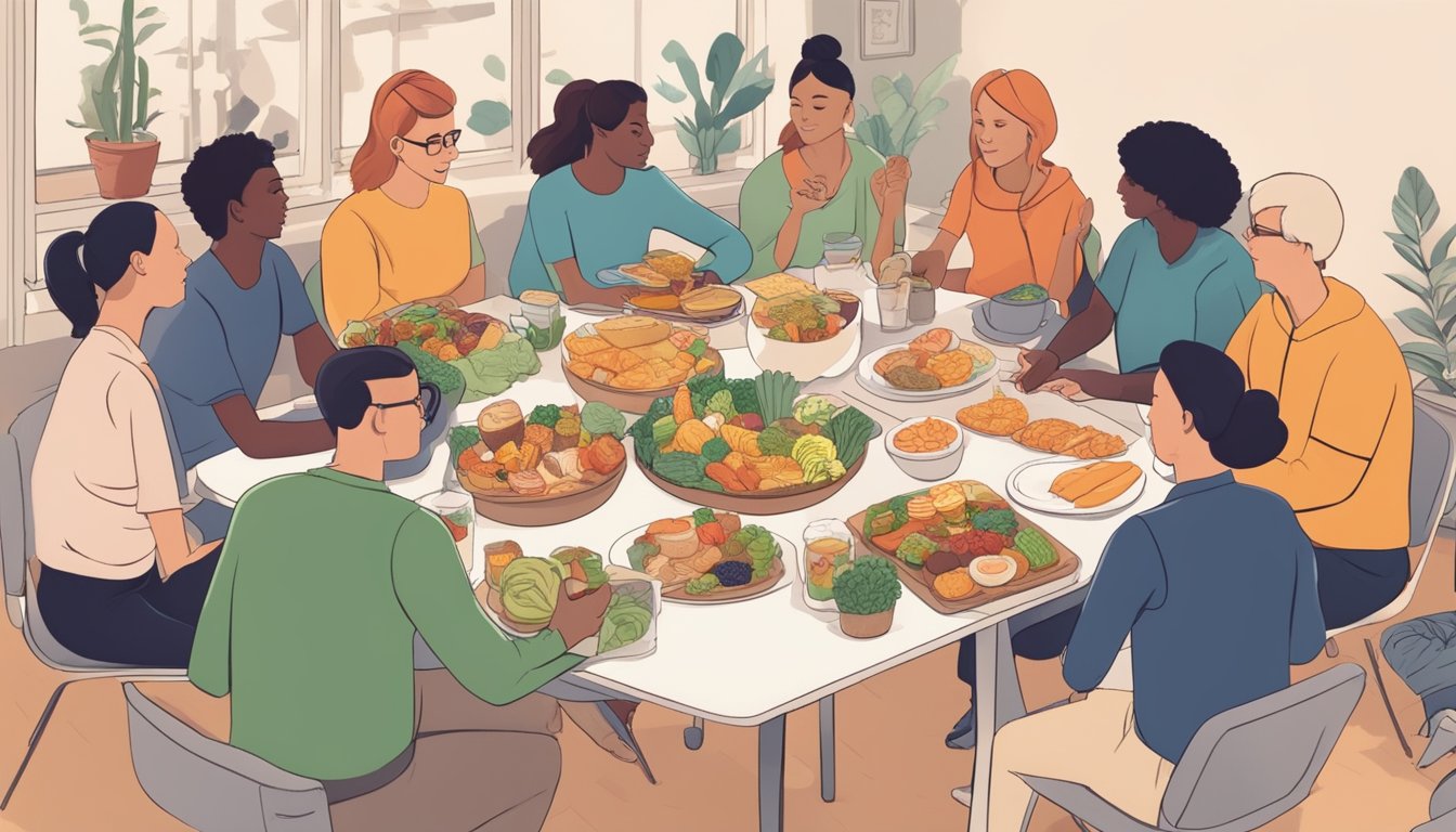 A person sitting at a table surrounded by healthy and unhealthy food options, with a supportive group of people offering guidance and encouragement