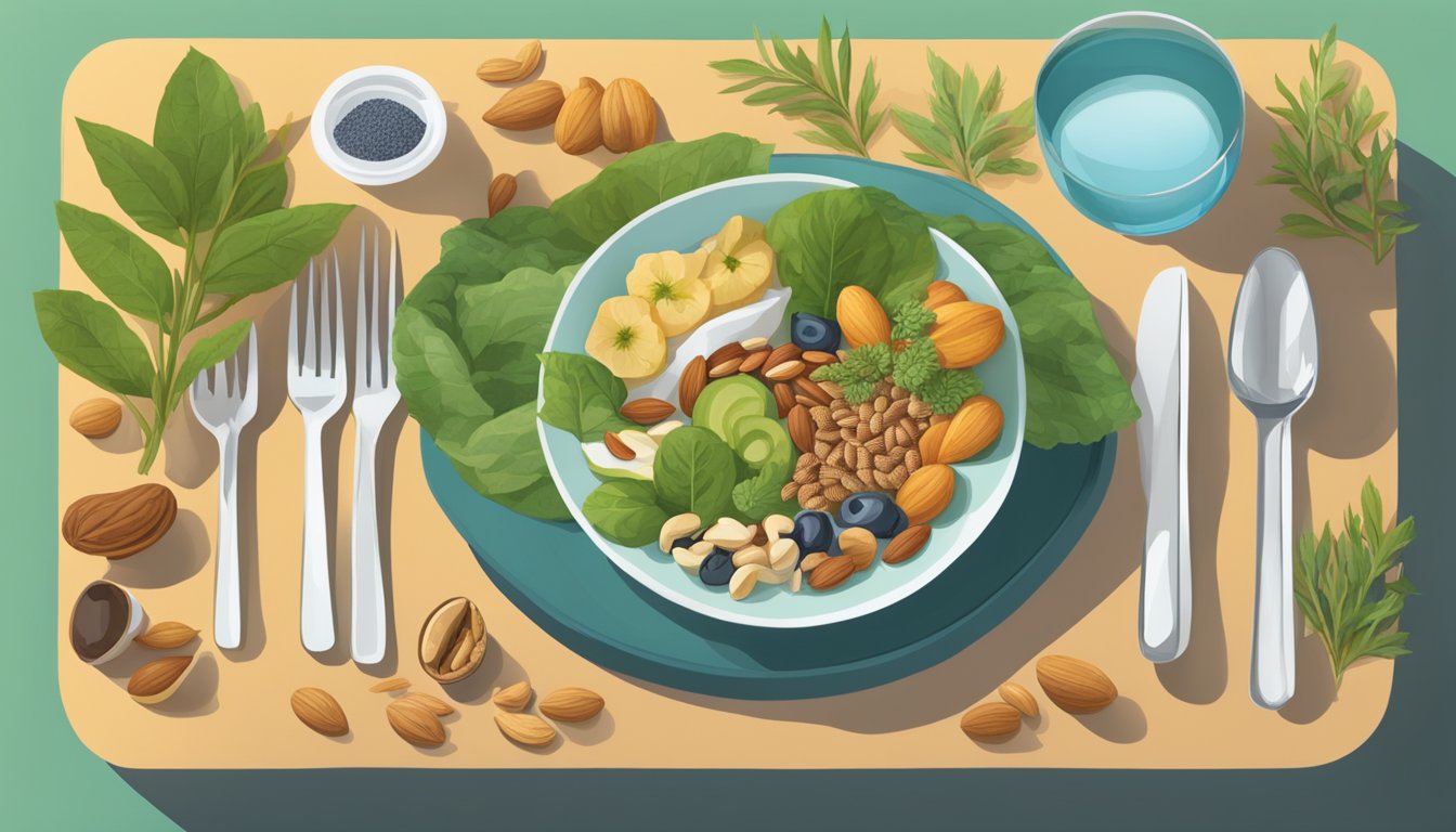 A table set with small portions of plant-based foods, nuts, and seeds, along with a glass of water, depicting a "fasting" day in modified ADF