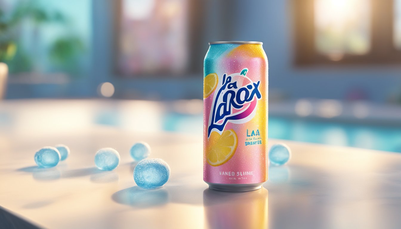 A can of La Croix sparkling water sits on a marble tabletop, condensation forming on the sleek, colorful can. Sunshine streams in through a nearby window, casting a warm glow on the scene