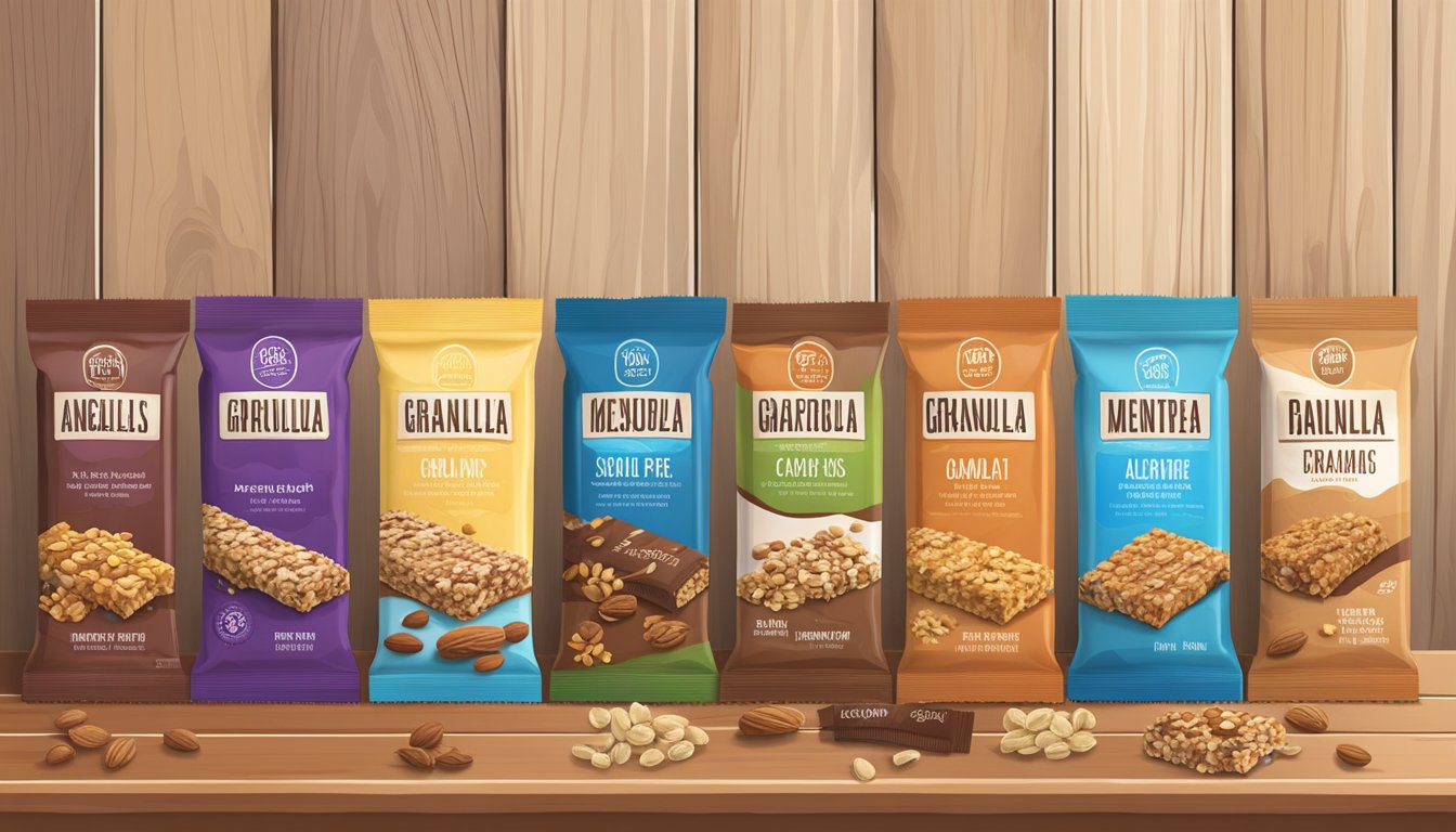 A variety of granola bars arranged on a wooden table with a focus on the packaging and ingredients. Some bars are nut-free and labeled for specific allergies