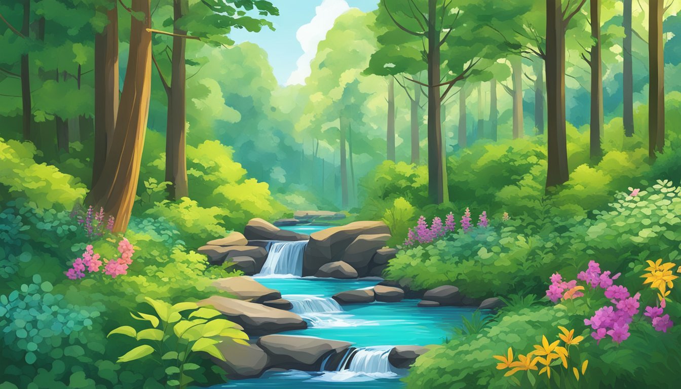 A lush, serene forest with a pristine stream, surrounded by vibrant flora, and a clear blue sky overhead