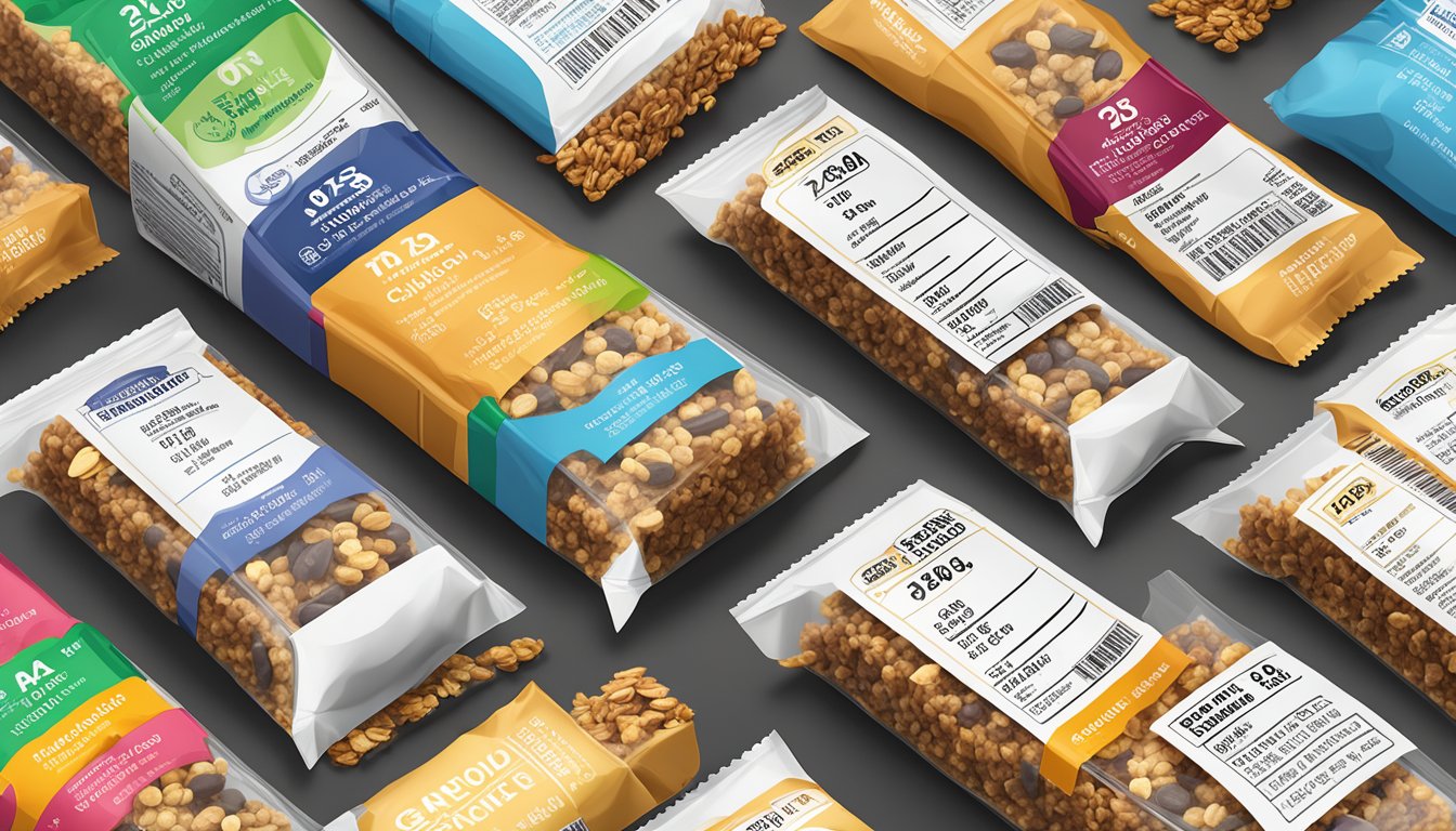 A variety of granola bar packages displayed with clear nutrition facts labels