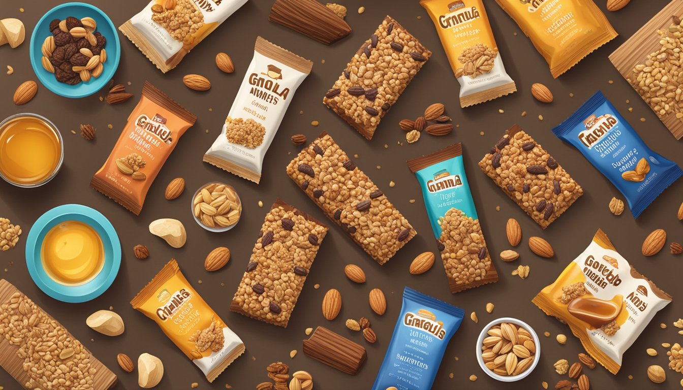 A variety of granola bars arranged on a wooden table, surrounded by ingredients like nuts, oats, and honey. Bright packaging and bold logos catch the eye