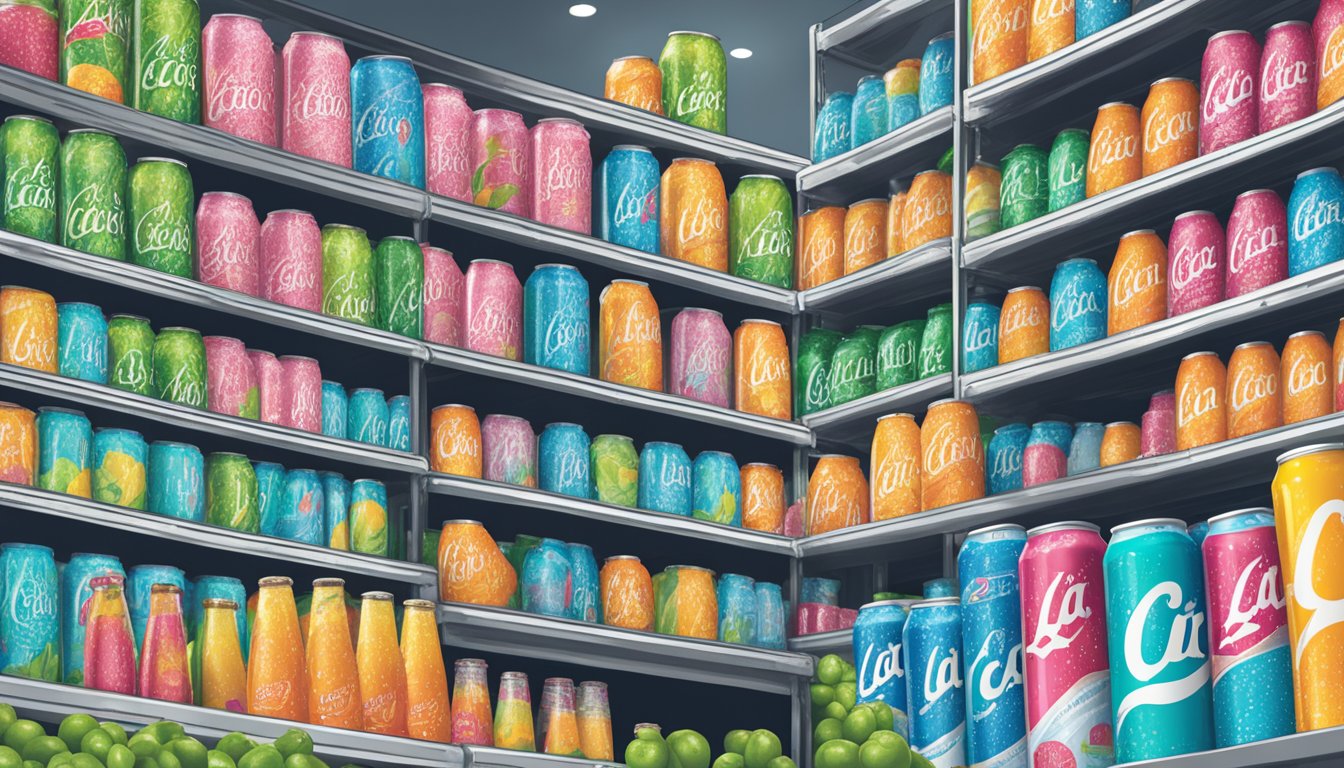 A grocery store shelf with rows of La Croix sparkling water cans in the pure flavor, with a sign indicating availability and purchasing