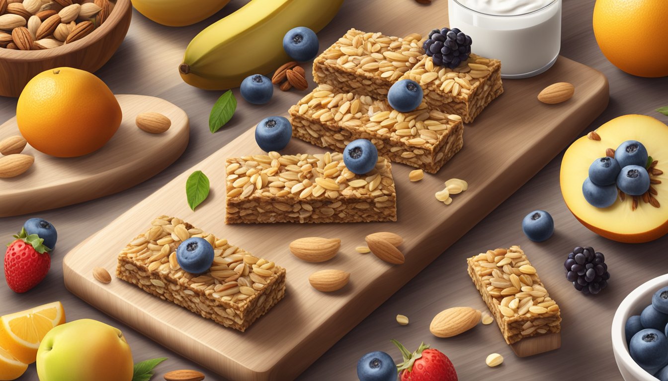 A spread of granola bars surrounded by fresh fruits, yogurt, and nuts on a wooden cutting board